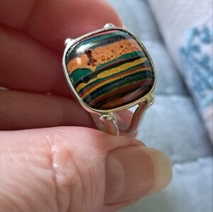 Sterling Silver JAY KING DTR Rainbow Calsilica Cabochon Square Ring Size 9